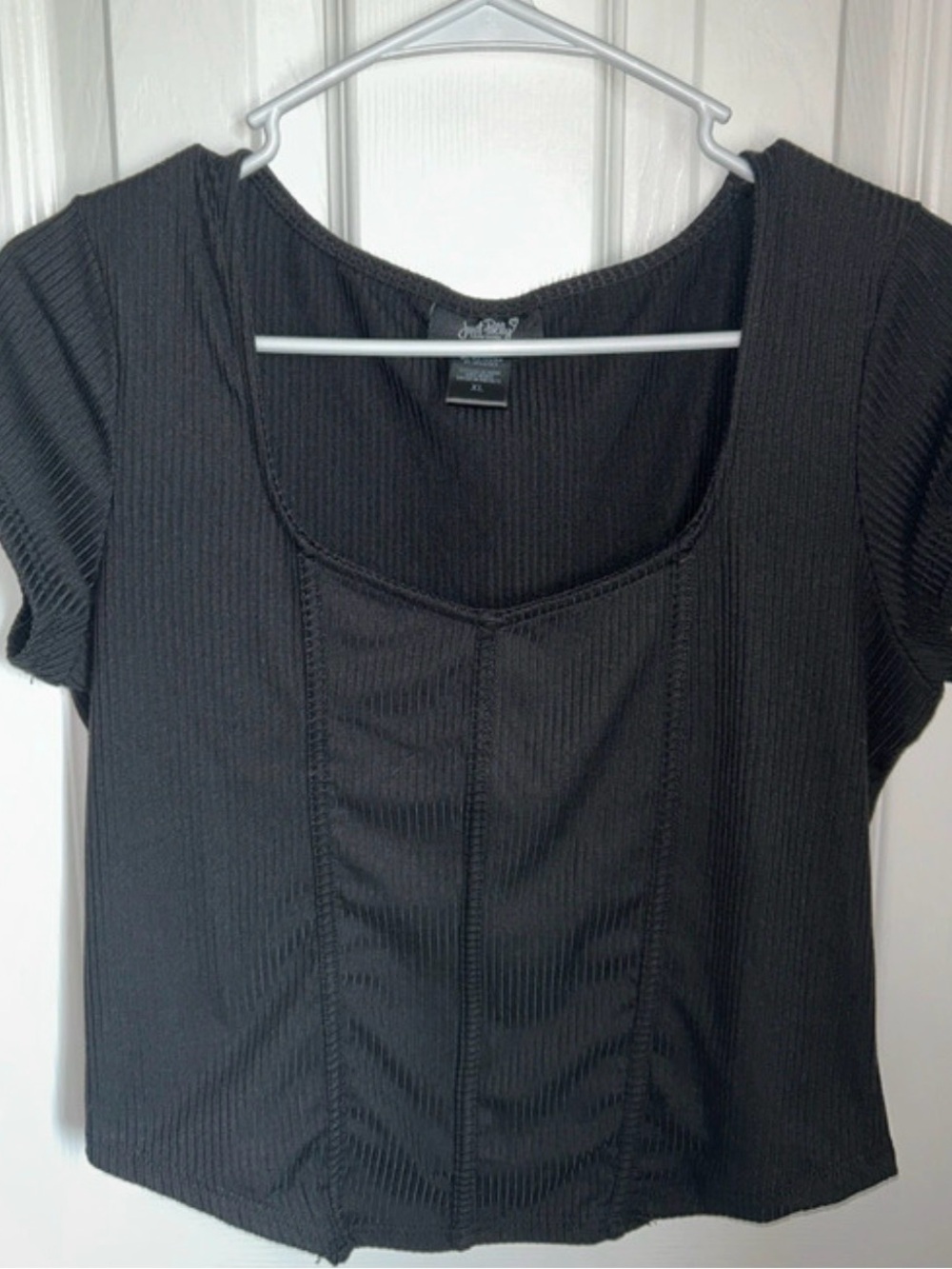 Ribbed Black Short Sleeve Scoop Crop Top Womens XL
